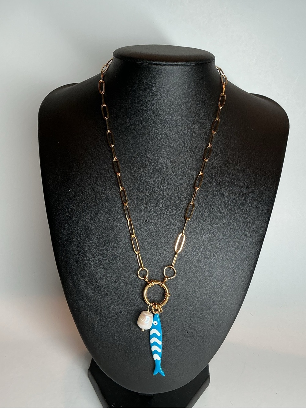 Gold-Tone Chain Necklace with Blue Enamel Fish Charm